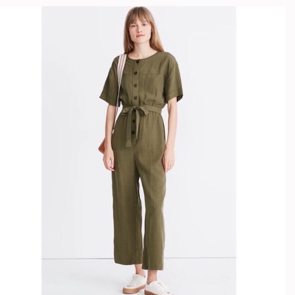 Madewell Olive Green Short-Sleeve Belted Jumpsuit Size S